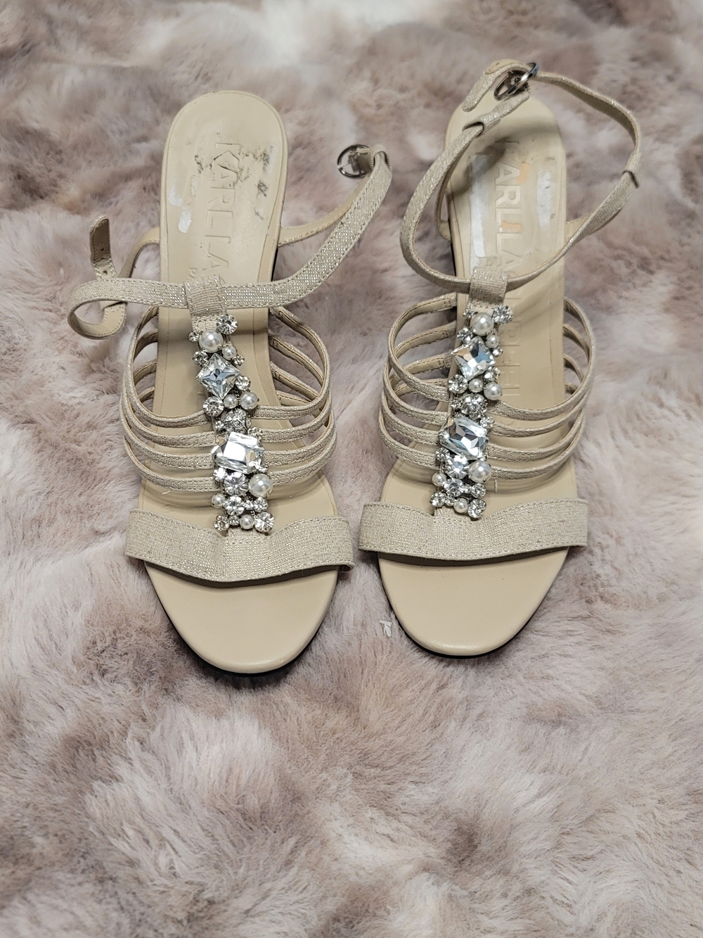 Karl Lagerfeld Beige Embellished Strappy Heeled Sandals